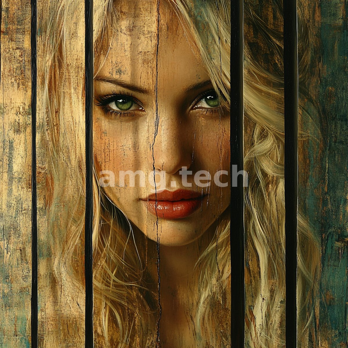 Green eyes and crimson lips emerge through the cracks of a rustic timber fence, the portrait fused into aged painted wood.