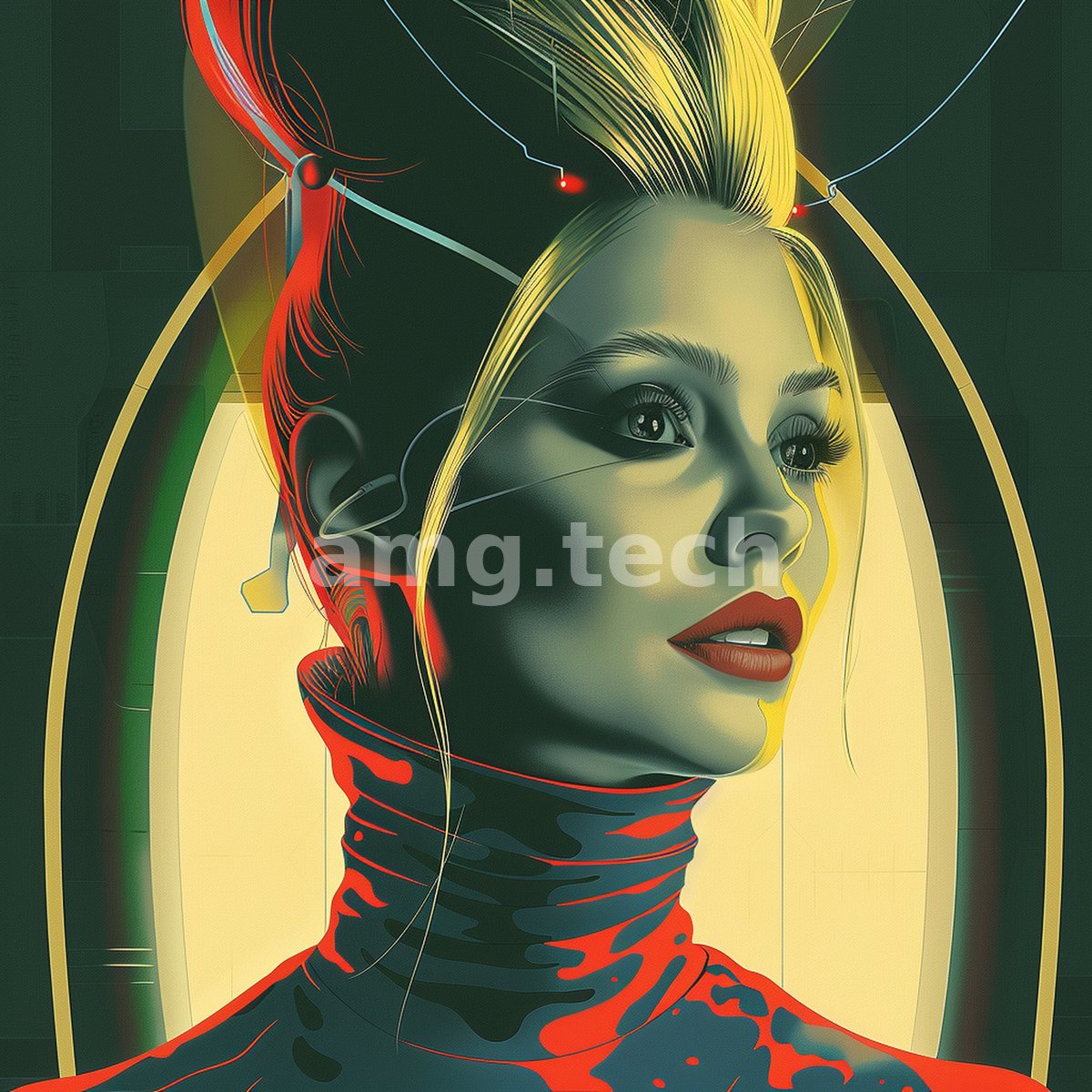 A stylised portrait in bold graphic planes, her red-and-teal figure haloed by golden arcs and threaded with delicate filaments.