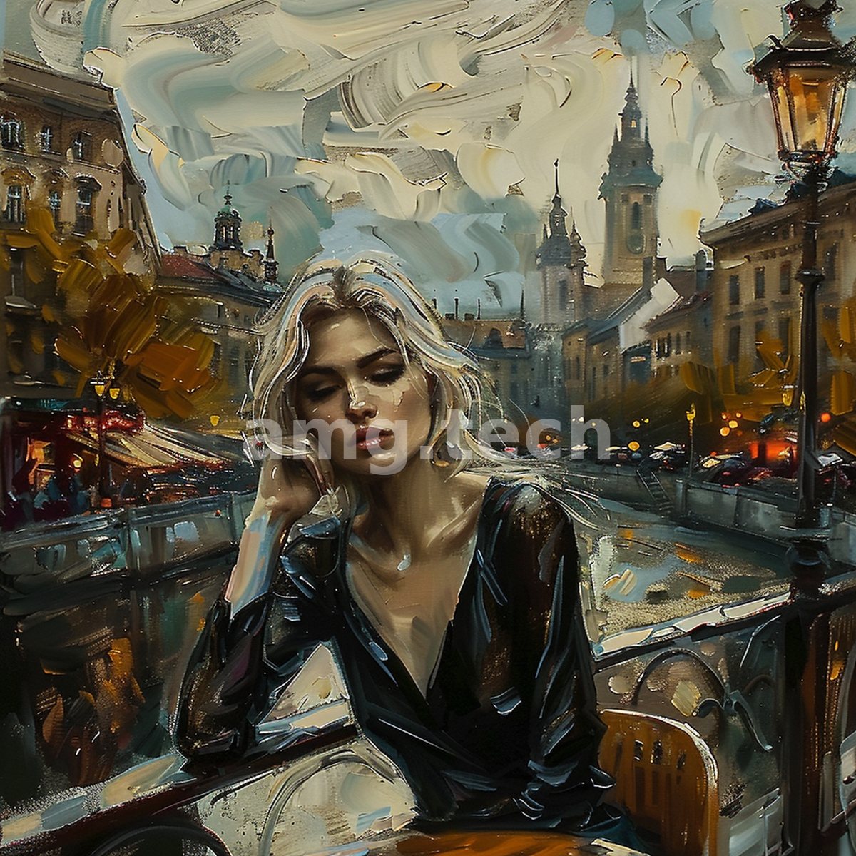 A contemplative blonde rests her cheek against her hand as swirling skies and rain-slicked streets glow behind her in impasto.