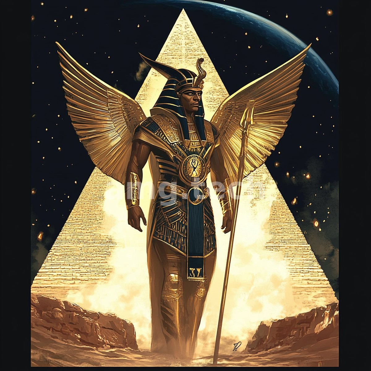 A golden king spreads radiant feathered wings before a moonlit pyramid, staff in hand, rising from swirling desert mist beneath the stars.