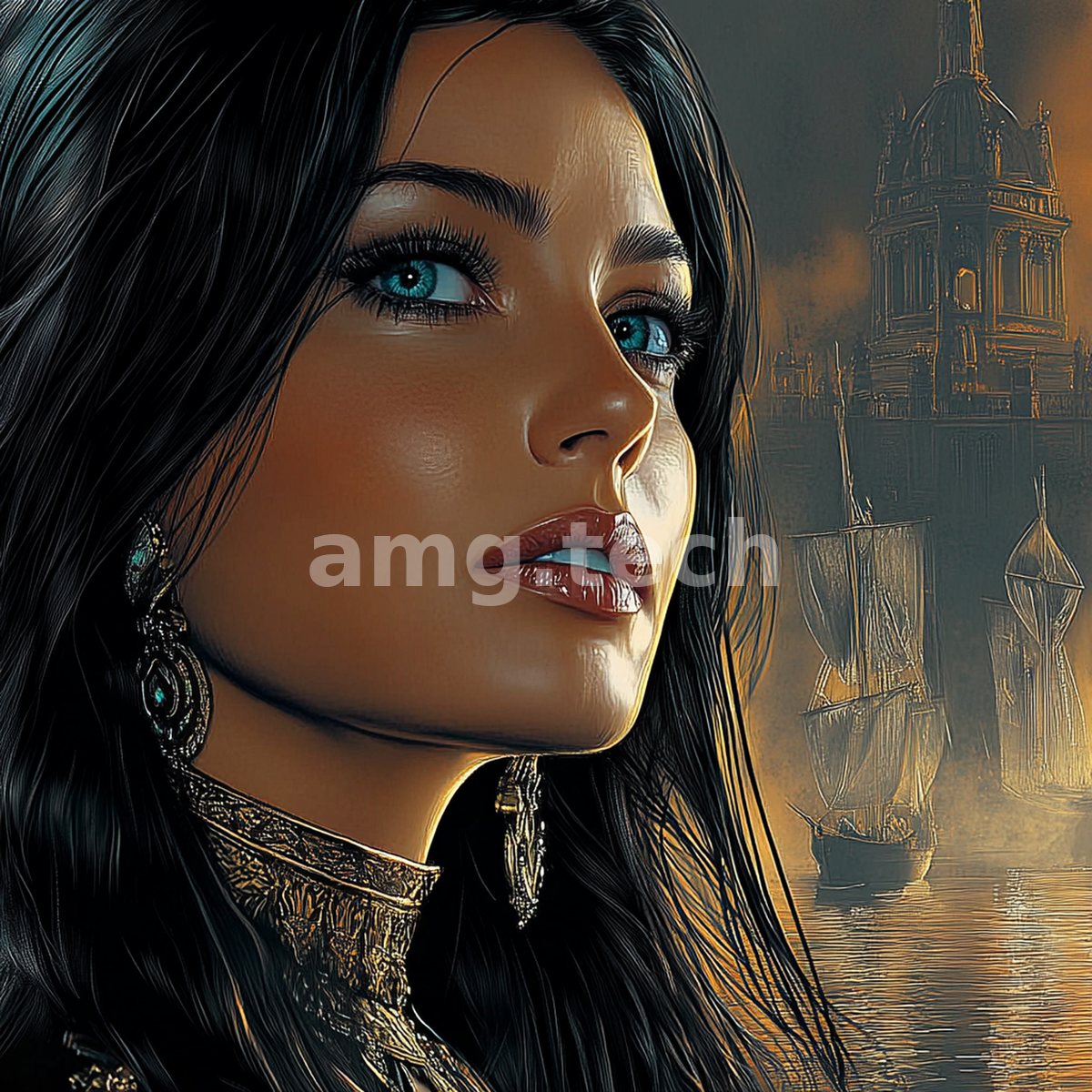 Blue eyes turned to the light, a dark-haired beauty is set against a smouldering waterfront of tall ships and a distant dome.