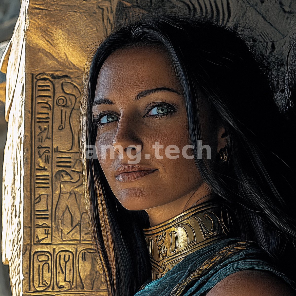 Leaning against a gilded hieroglyphic wall, a green-eyed woman in a golden collar meets the gaze with serene, sunlit poise.
