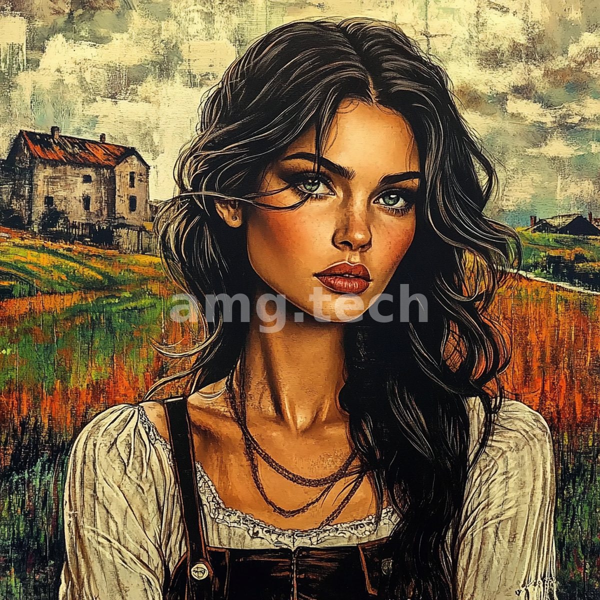 A striking dark-haired woman regards the viewer against a weathered farmstead and burnished autumn meadow, rendered in painterly earth tones.