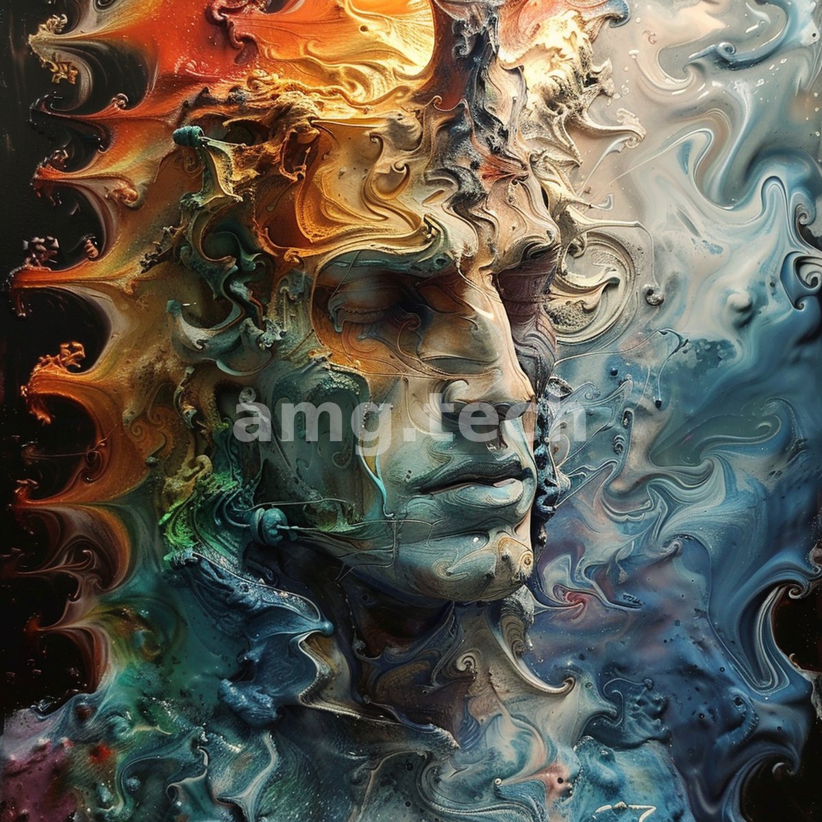 A serene face surfaces from swirling currents of fire and cobalt, the sculptural visage dissolving into liquid abstraction.