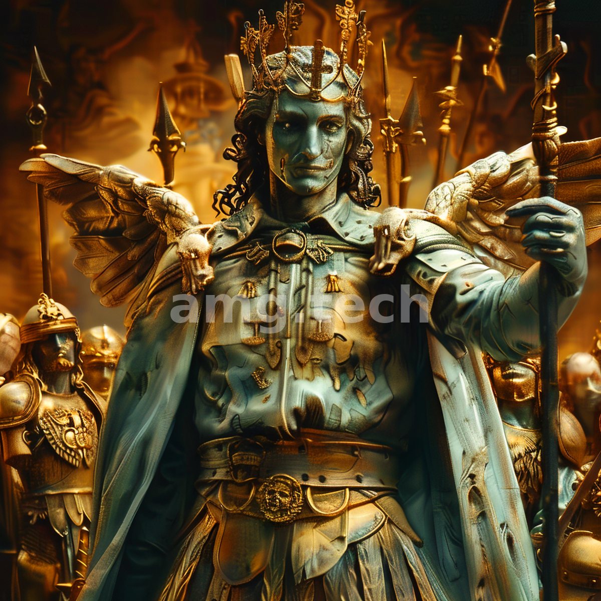A winged, armoured figure stands sovereign amid a golden host of spearmen, cast in verdigris and gilt beneath a smouldering sky.