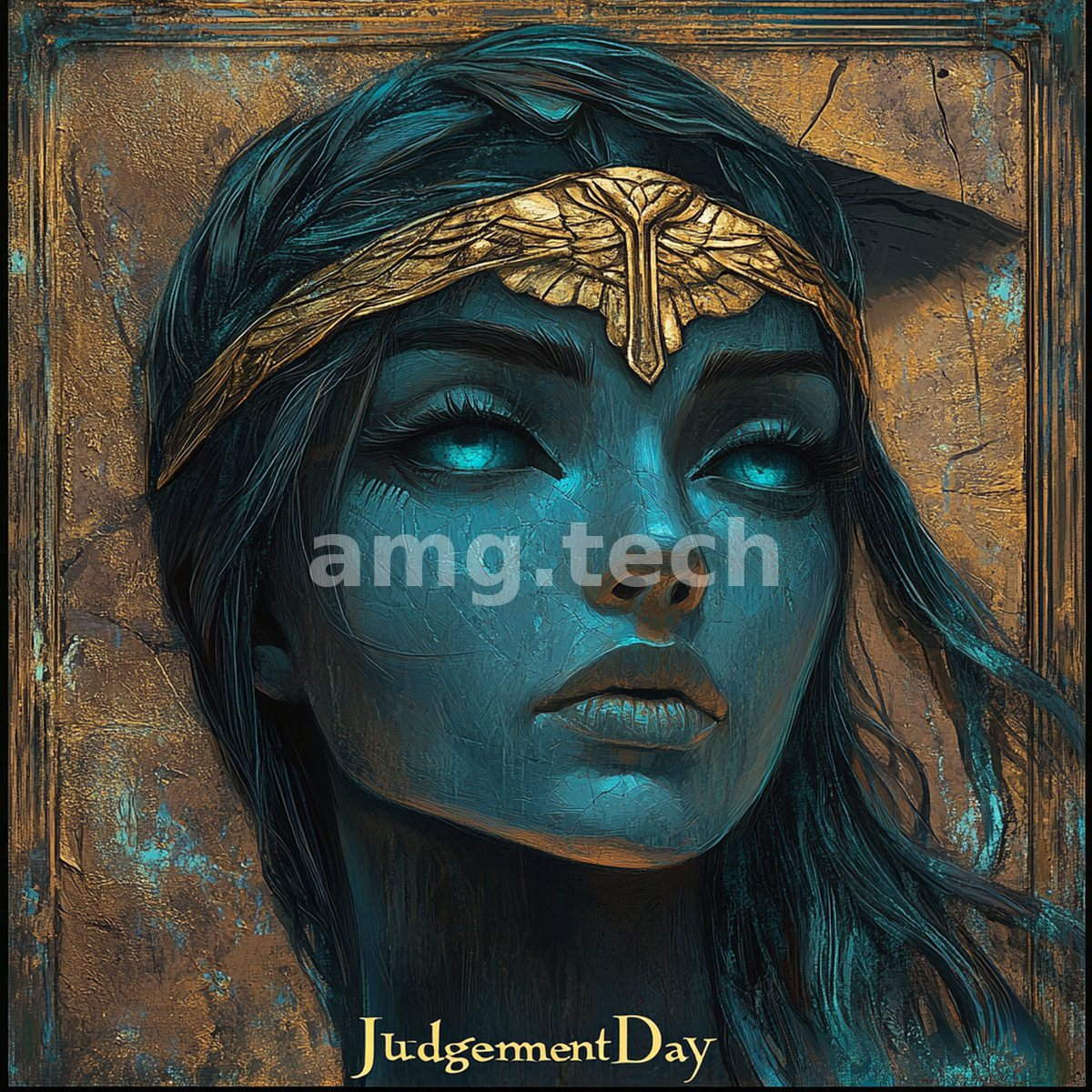 A cerulean visage crowned in a golden diadem gazes with luminous eyes from a cracked, gilded frame of aged patina.
