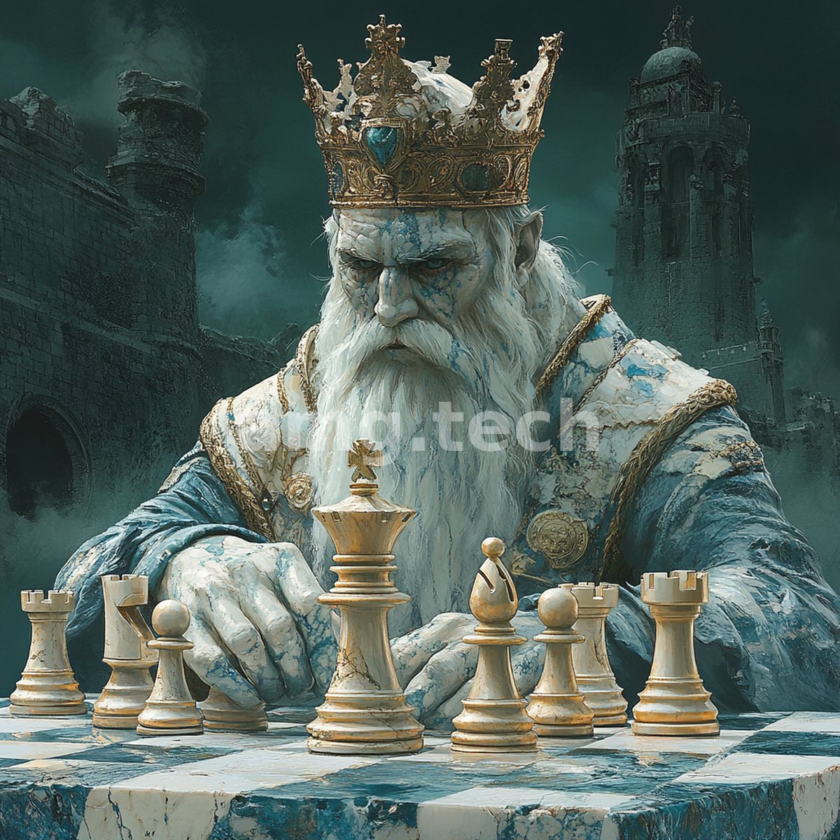 A crowned, weathered monarch of pale marble broods over an ivory chessboard before the ruins of a mist-shrouded fortress.