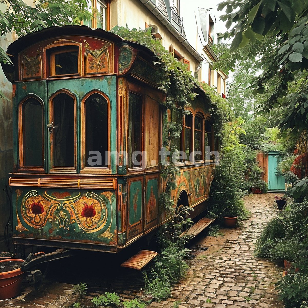 A weathered ornate railway carriage rests overgrown in a leafy courtyard, its faded floral panels glowing against the cobbles.