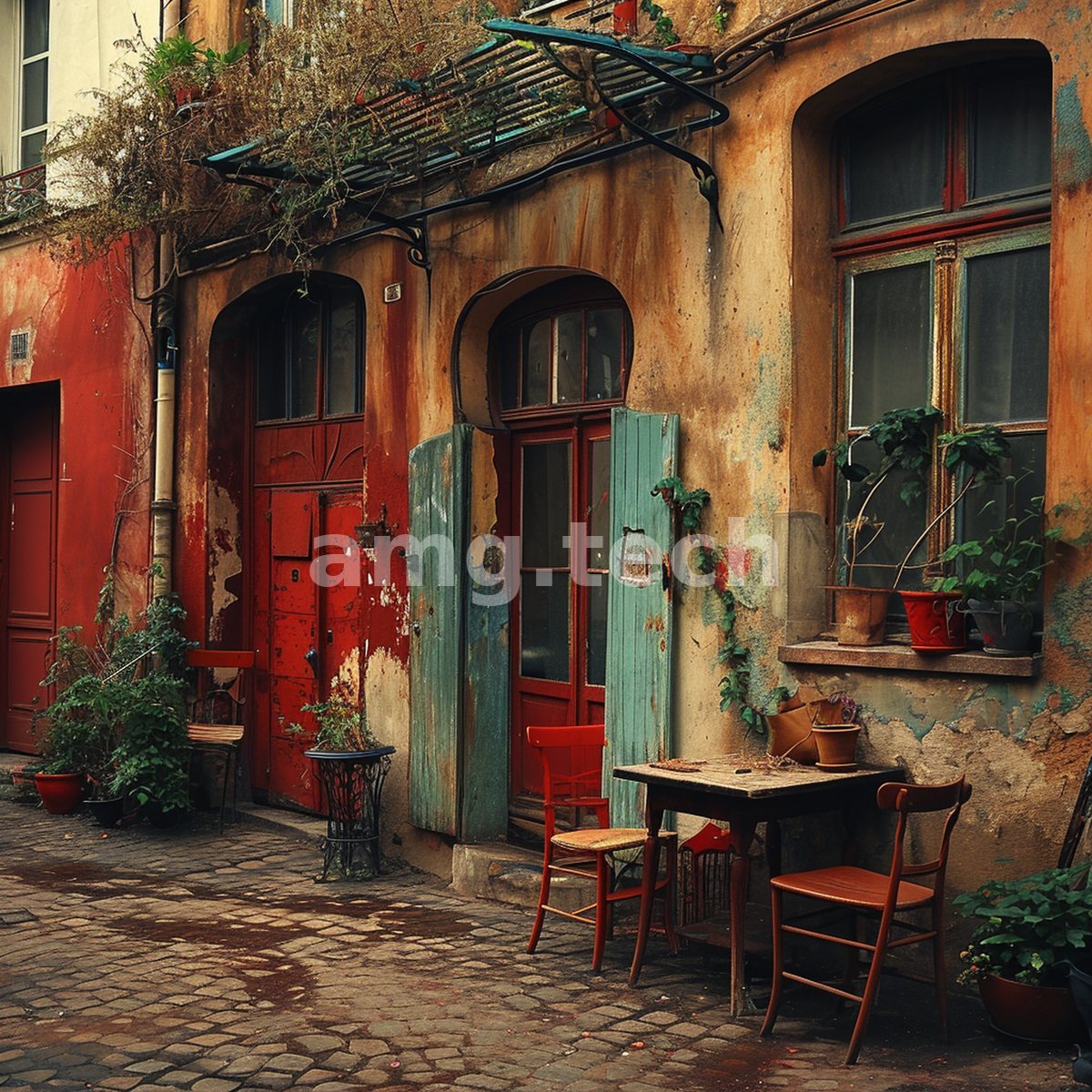 Two red chairs and a worn table wait beneath faded shutters and a crimson door on a quiet, rain-washed cobbled street.