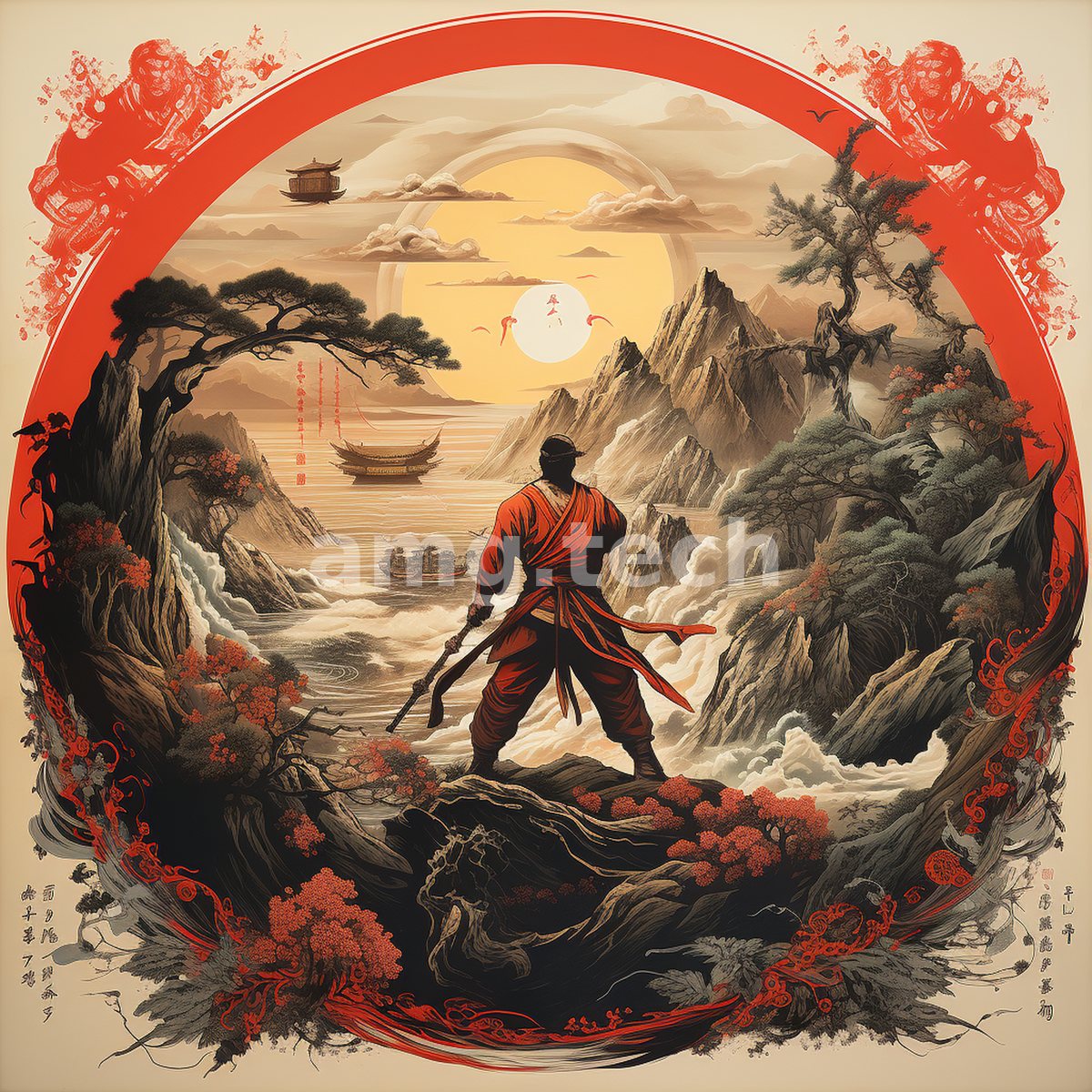 A lone warrior stands poised before a rising sun, encircled by mountains, blossoms and a bold vermilion ring of ink.