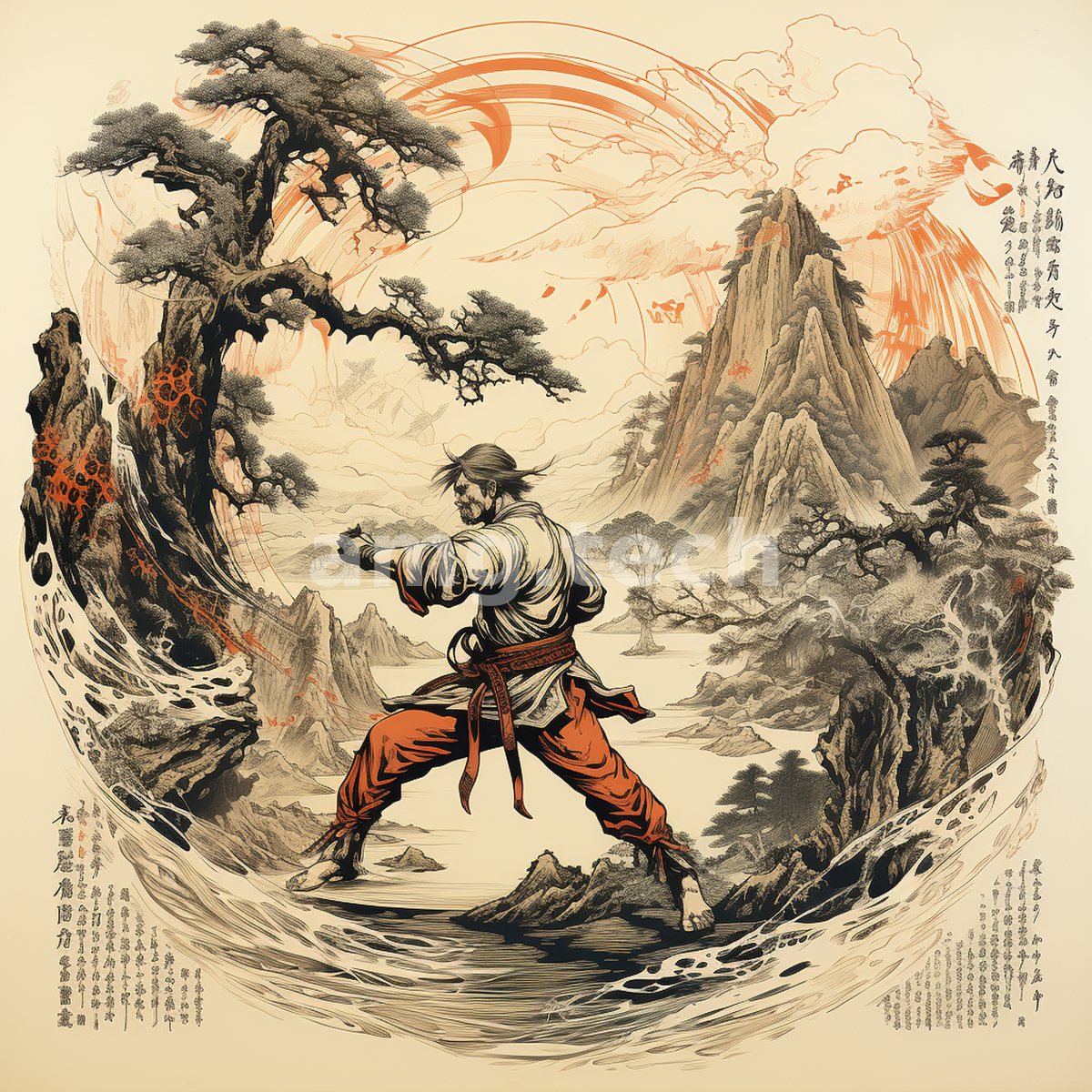 A martial artist strikes an emphatic pose amid pines and misty peaks, rendered in classical ink with fiery red flourishes.