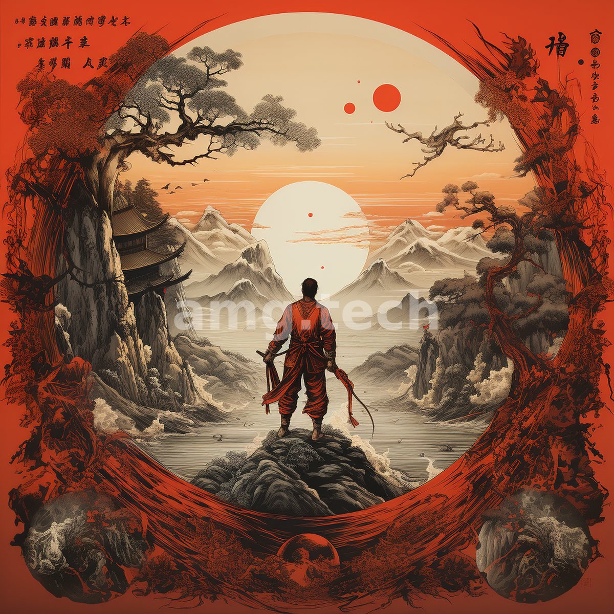 A sword-bearing figure surveys a mountain estuary from a rocky summit, framed by a striking scarlet border and pale rising sun.