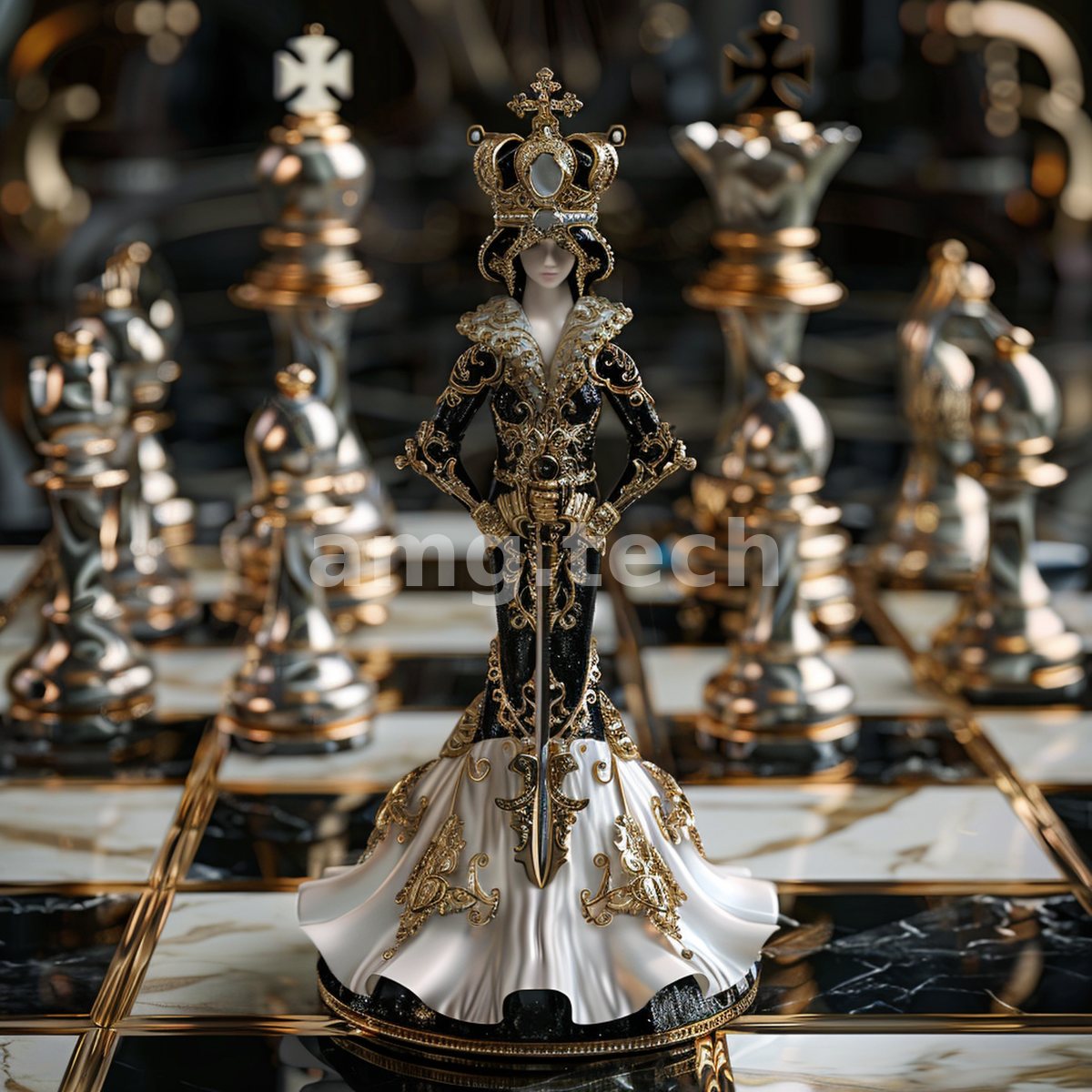 An ornate gold-and-ivory queen figurine commands the board, standing resolute among gleaming metallic chess pieces on polished marble.