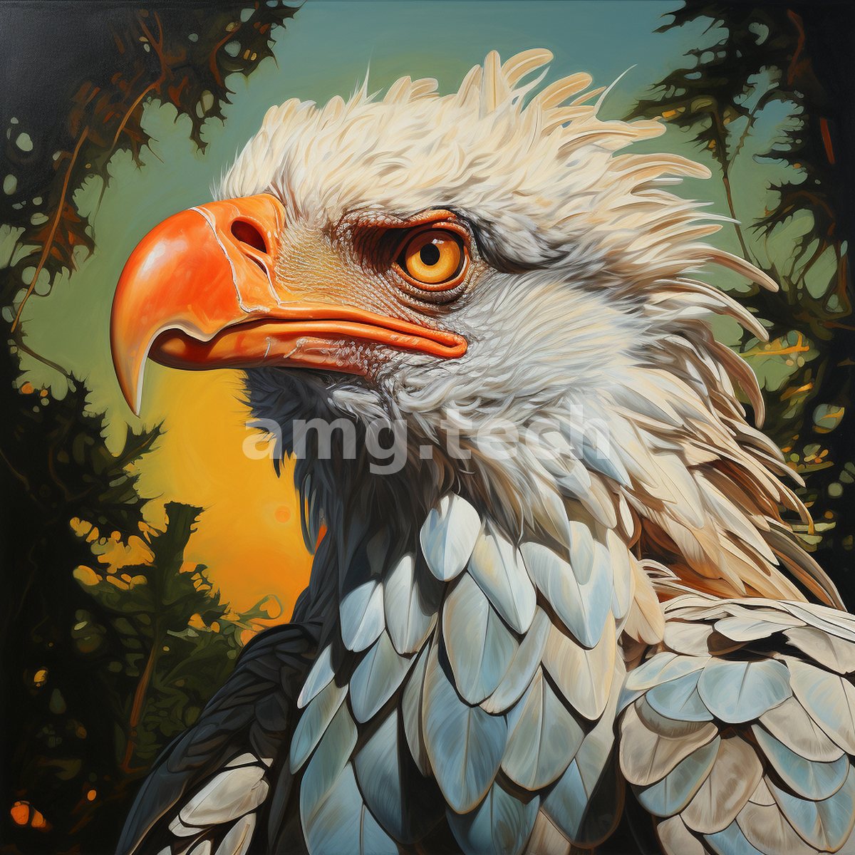 A regal white-headed eagle turns its amber gaze aside, its lush plumage luminous against a glowing woodland of gold and green.