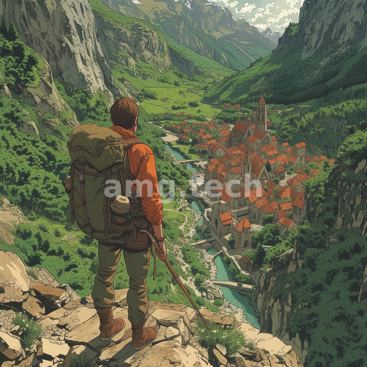 A backpacker pauses at a cliff's edge, gazing down upon a red-roofed valley town cradled between verdant alpine slopes.