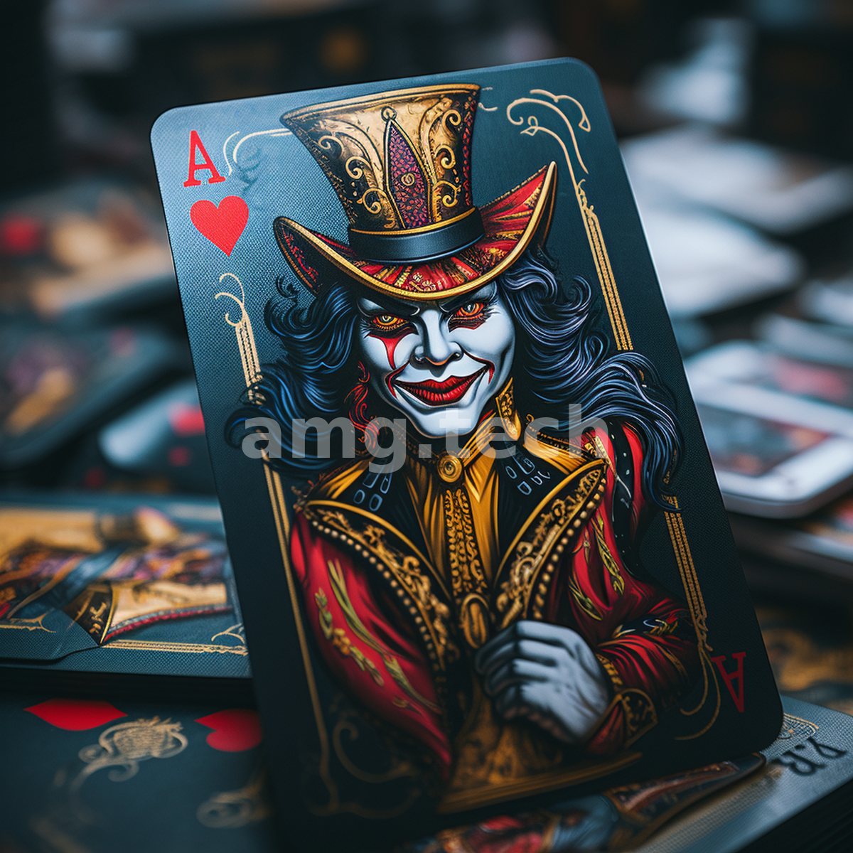 A theatrical top-hatted jester adorns the Ace of Hearts, luminous in crimson and gold amid a scattered hand of playing cards.