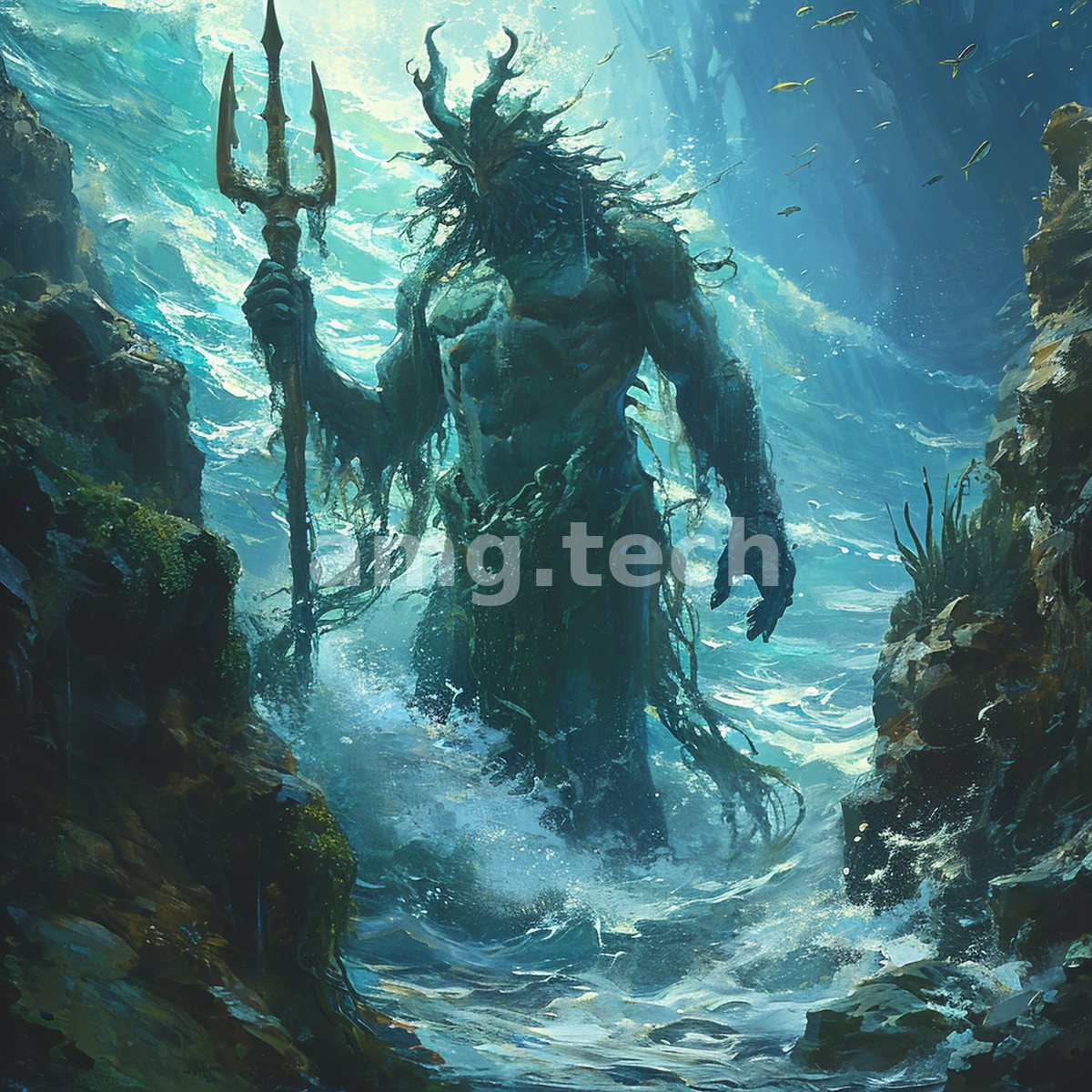 A trident-bearing sea god rises from luminous turquoise waters between mossed cliffs, his kelp-draped form dissolving into the tide.