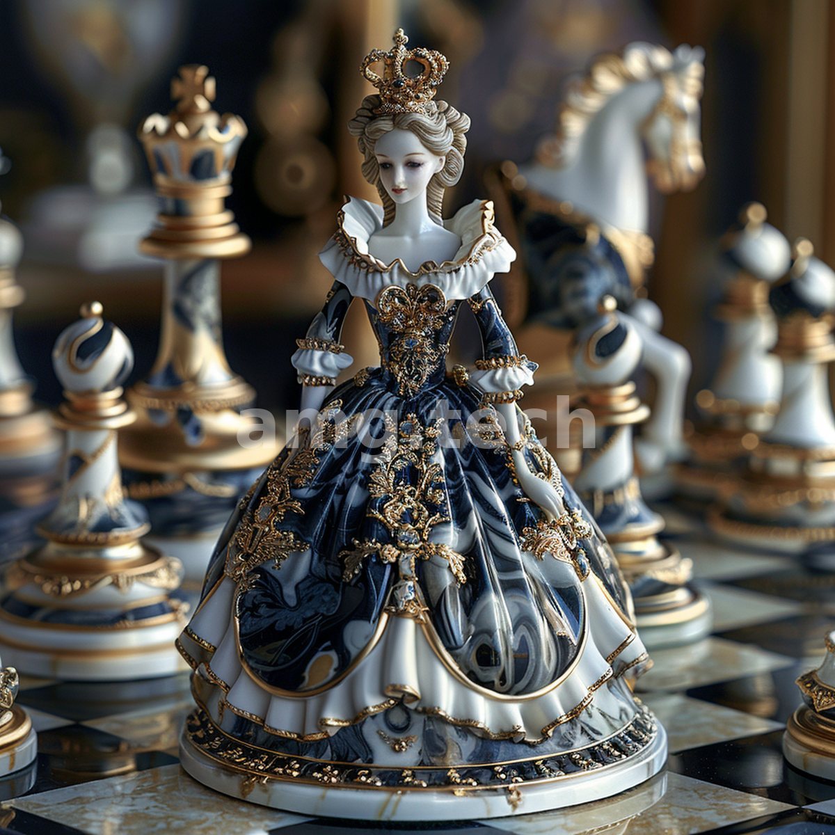 An exquisite figurine in cobalt-and-gold court dress reigns among ivory chessmen and rearing knights across a marbled board.