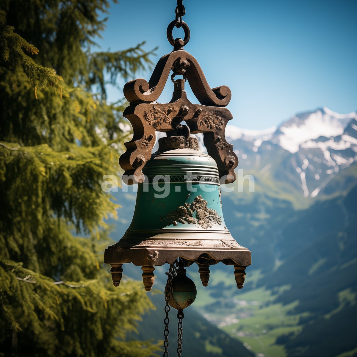 An ornate weathered bell hangs from a wrought bracket against snow-capped alpine peaks and a sweeping green mountain valley.