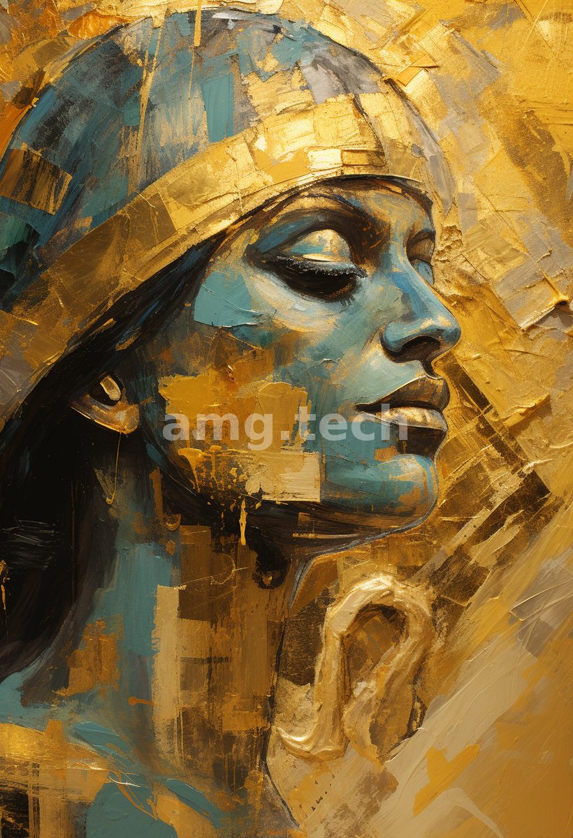 A palette-knife portrait of a woman in profile, her azure features set against sweeping fields of textured gold leaf.