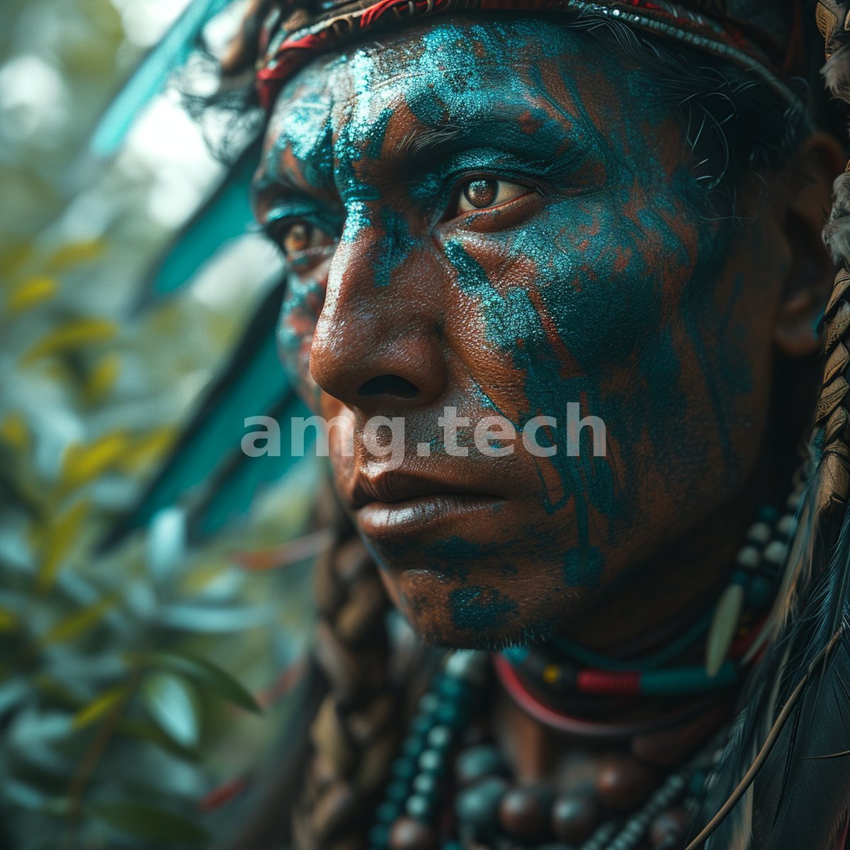 A warrior gazes past the frame, teal ceremonial pigment streaking his face amid feathers, braids and beaded adornment.