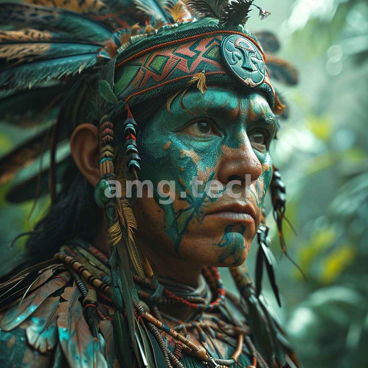 A feather-crowned tribal figure stands resolute in the jungle, verdant paint and carved regalia catching the filtered light.