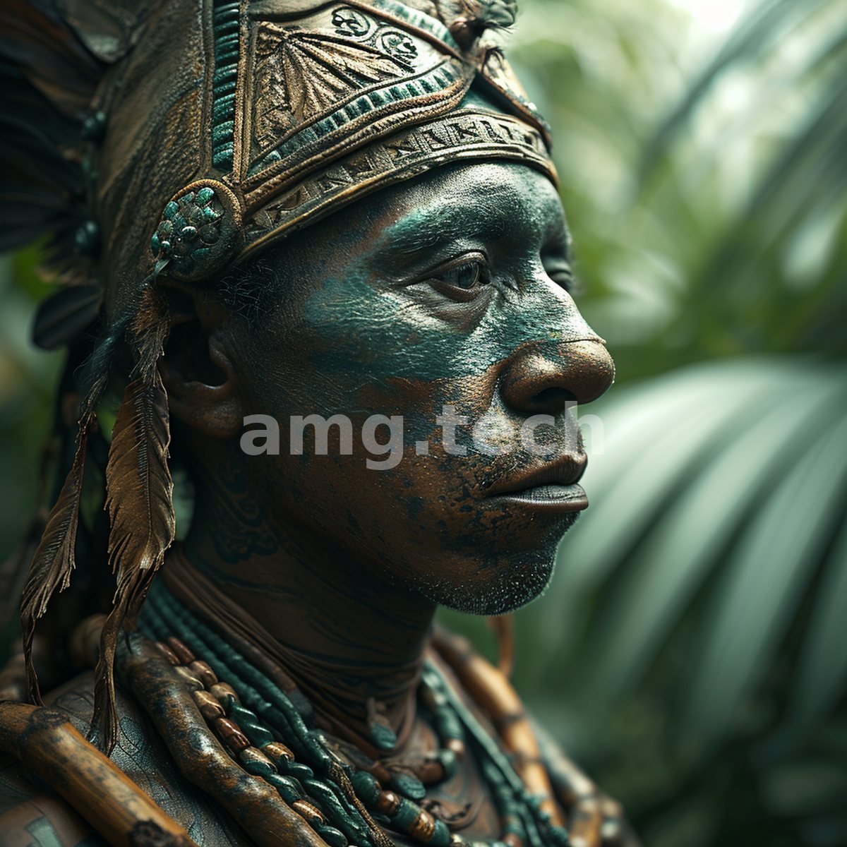 A dignified chieftain in patinated headdress and beadwork turns toward the light, framed by broad tropical fronds.