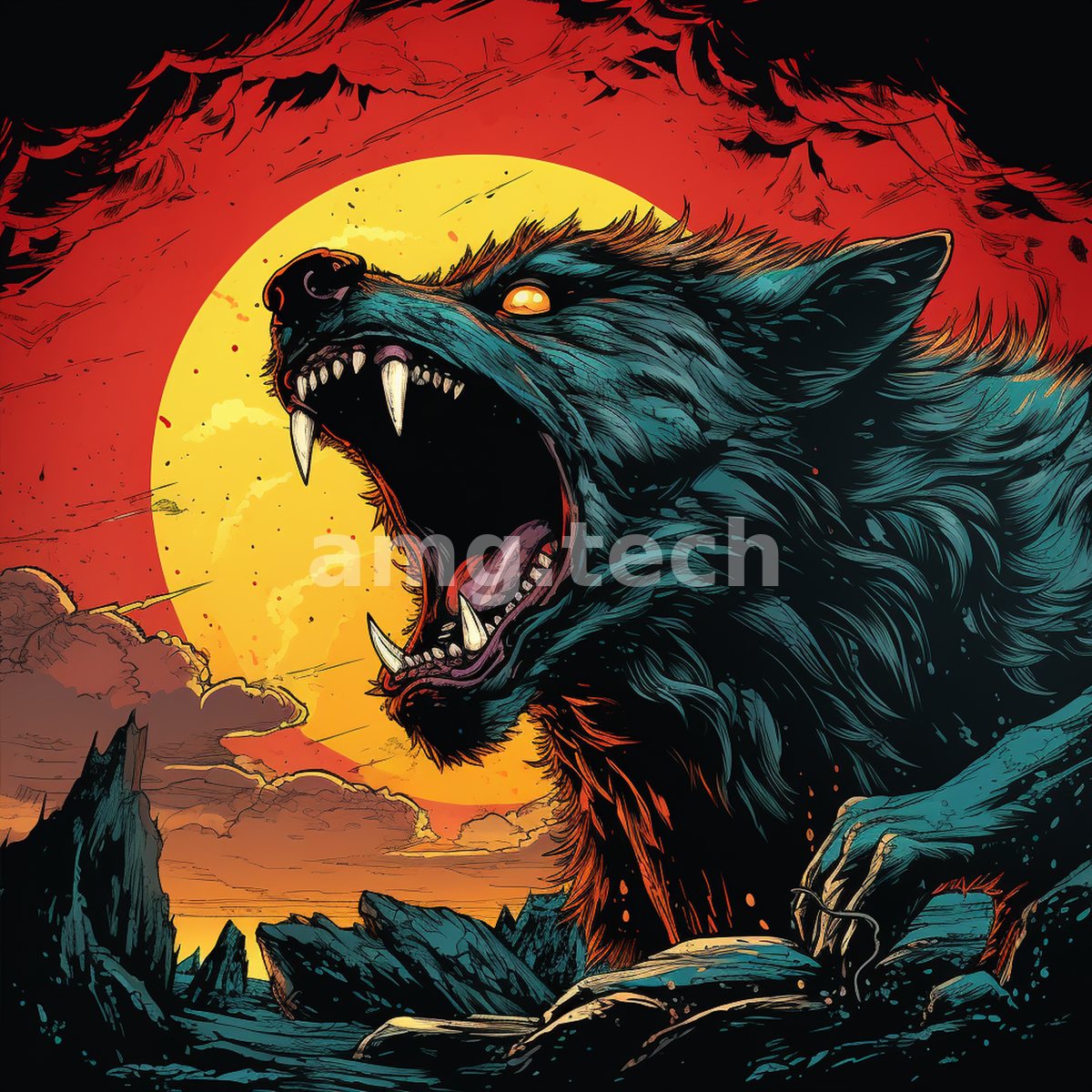 A snarling wolf rears against a blazing crimson sky and setting sun, rendered in bold graphic ink and colour.