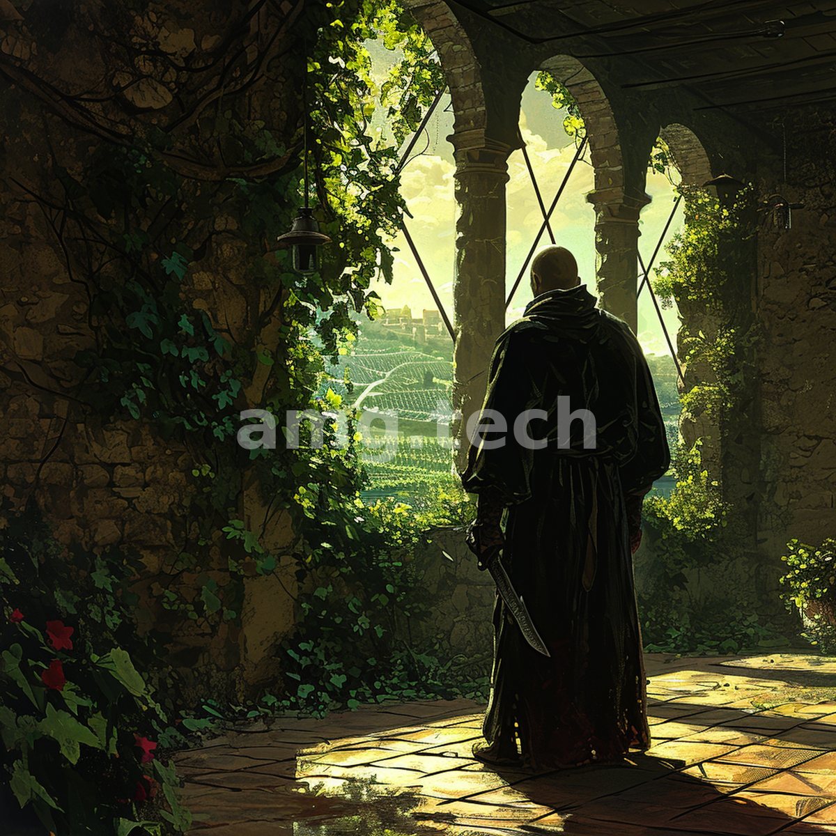A robed figure grips a blade in a vine-wreathed cloister, gazing out through arches upon sunlit terraced vineyards below.