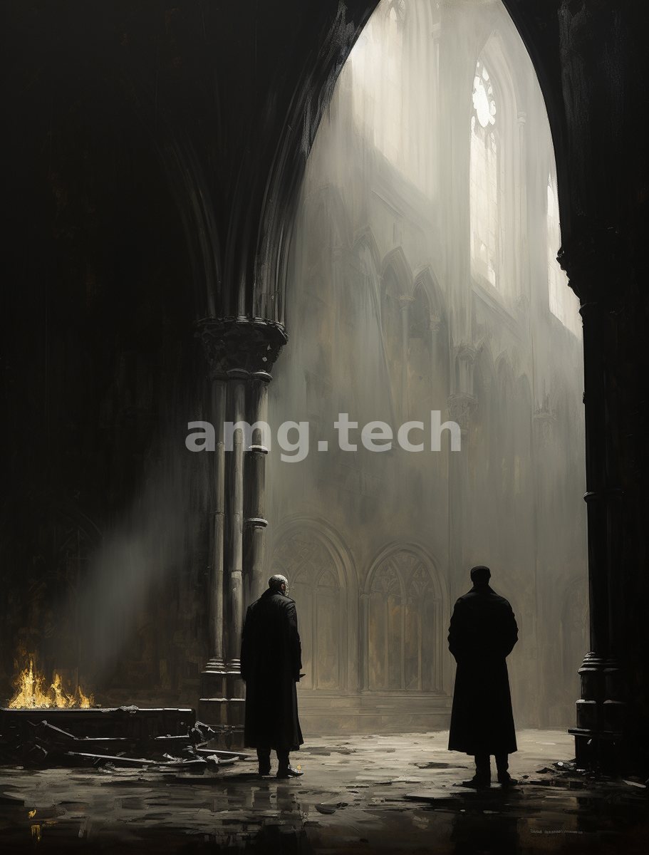 Two coated figures stand in a vast shadowed cathedral as a shaft of pale light and a low fire pierce the gloom.