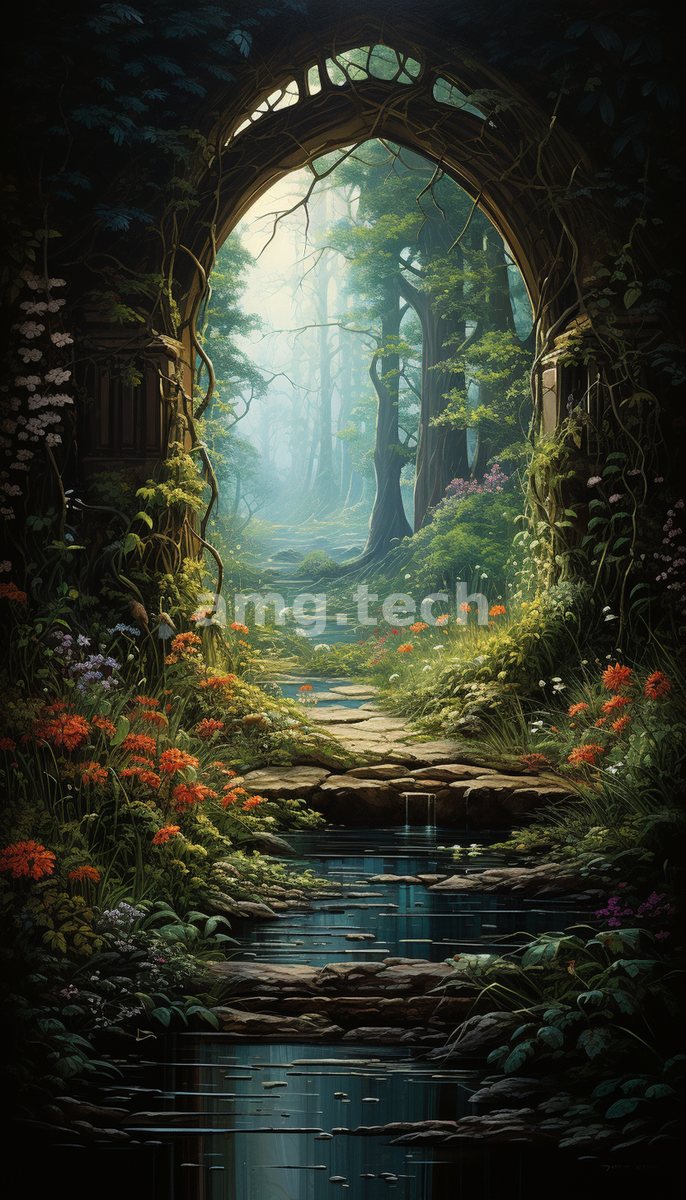 An ivy-clad stone archway opens onto a misty forest, a stream and stepping stones winding through banks of wildflowers.
