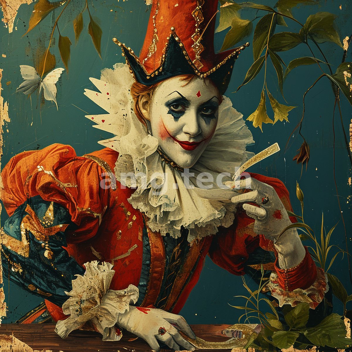 A pale-faced jester in scarlet and ruffled collar leans forward with a knowing smile, a playing card held between gloved fingers.