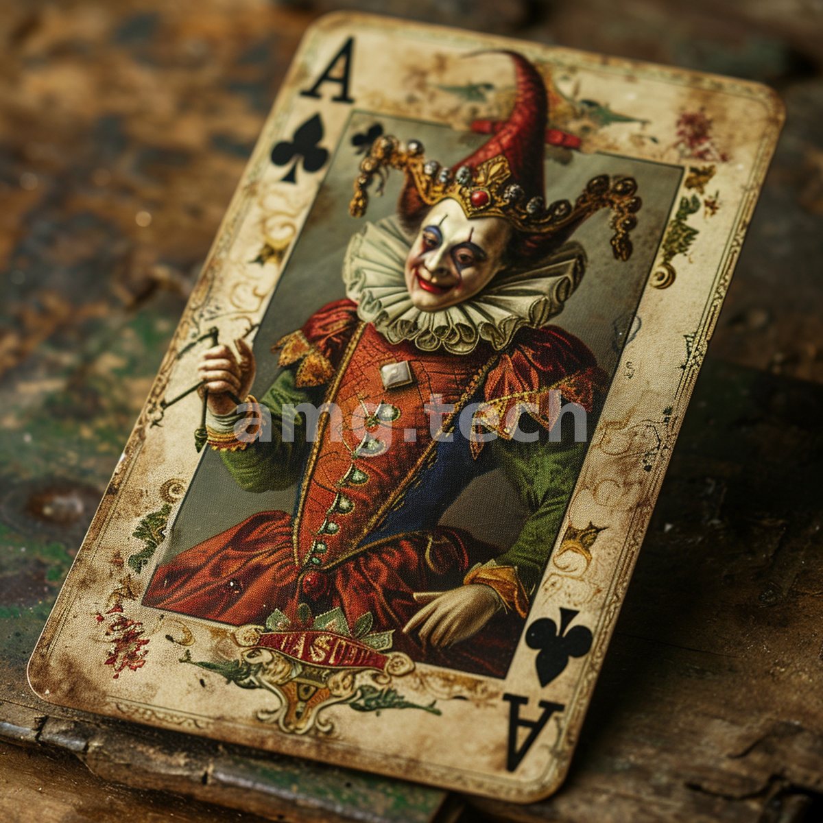 An aged, cracked Ace of Clubs bearing a costumed jester rests upon a worn and weathered wooden table.