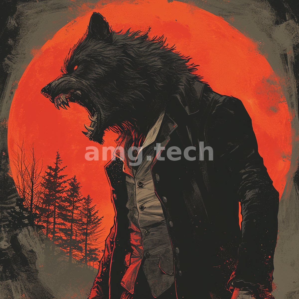 A snarling wolf-headed figure in tailored coat and waistcoat stands before a blood-red moon and silhouetted pines.