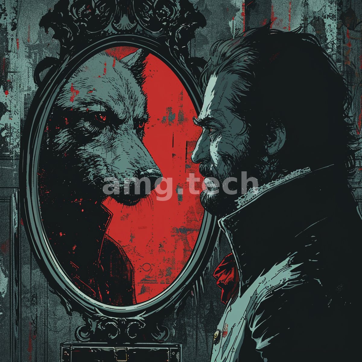 A dignified gentleman confronts his own snarling reflection in an ornate mirror, rendered in brooding greys against a wound of scarlet.