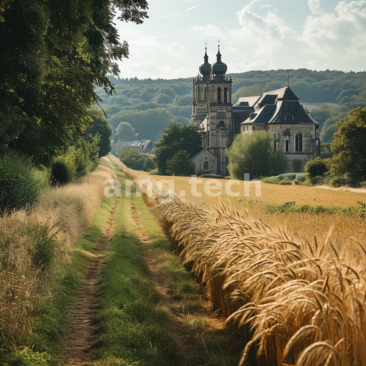 A worn field path leads the eye through ripening grain toward a domed stone abbey nestled in soft summer woodland.