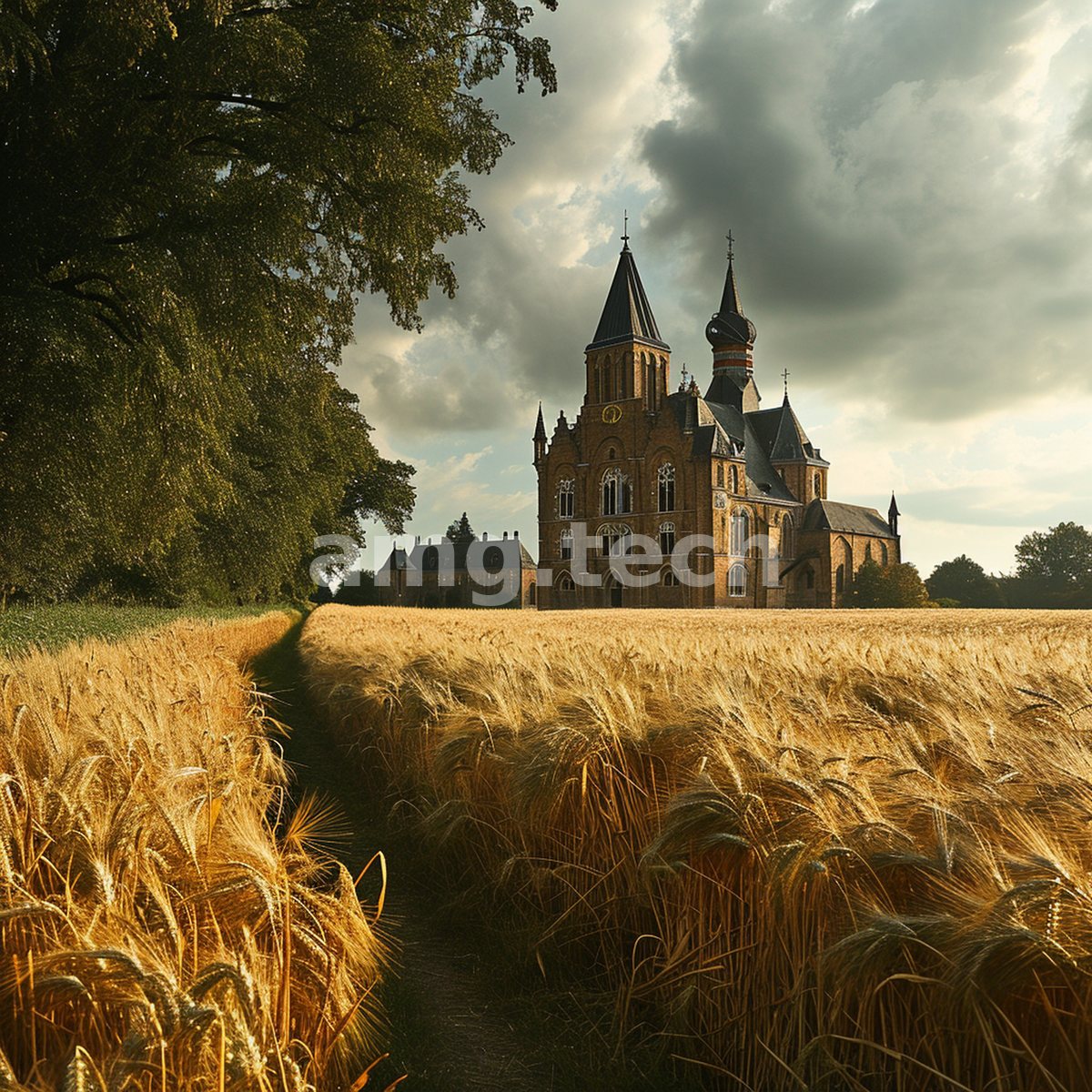 Golden barley bows beneath a brooding sky as a many-towered church rises against dramatic, cloud-torn evening light.
