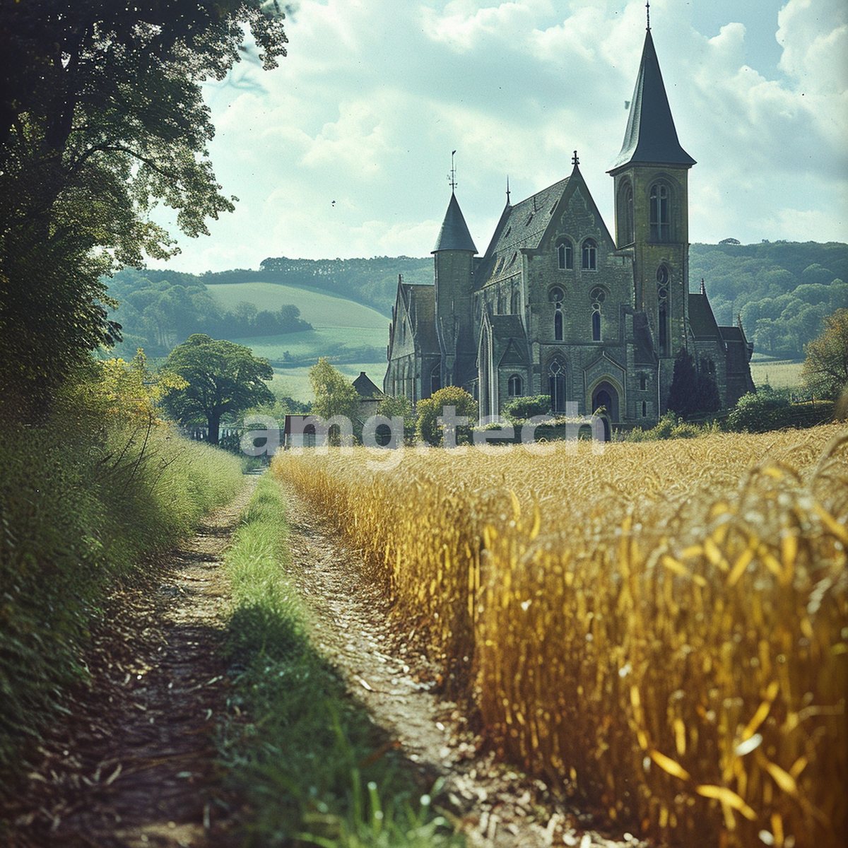 A quiet track edges a field of ripe wheat toward a Gothic church set among rolling hills, bathed in nostalgic film-toned light.