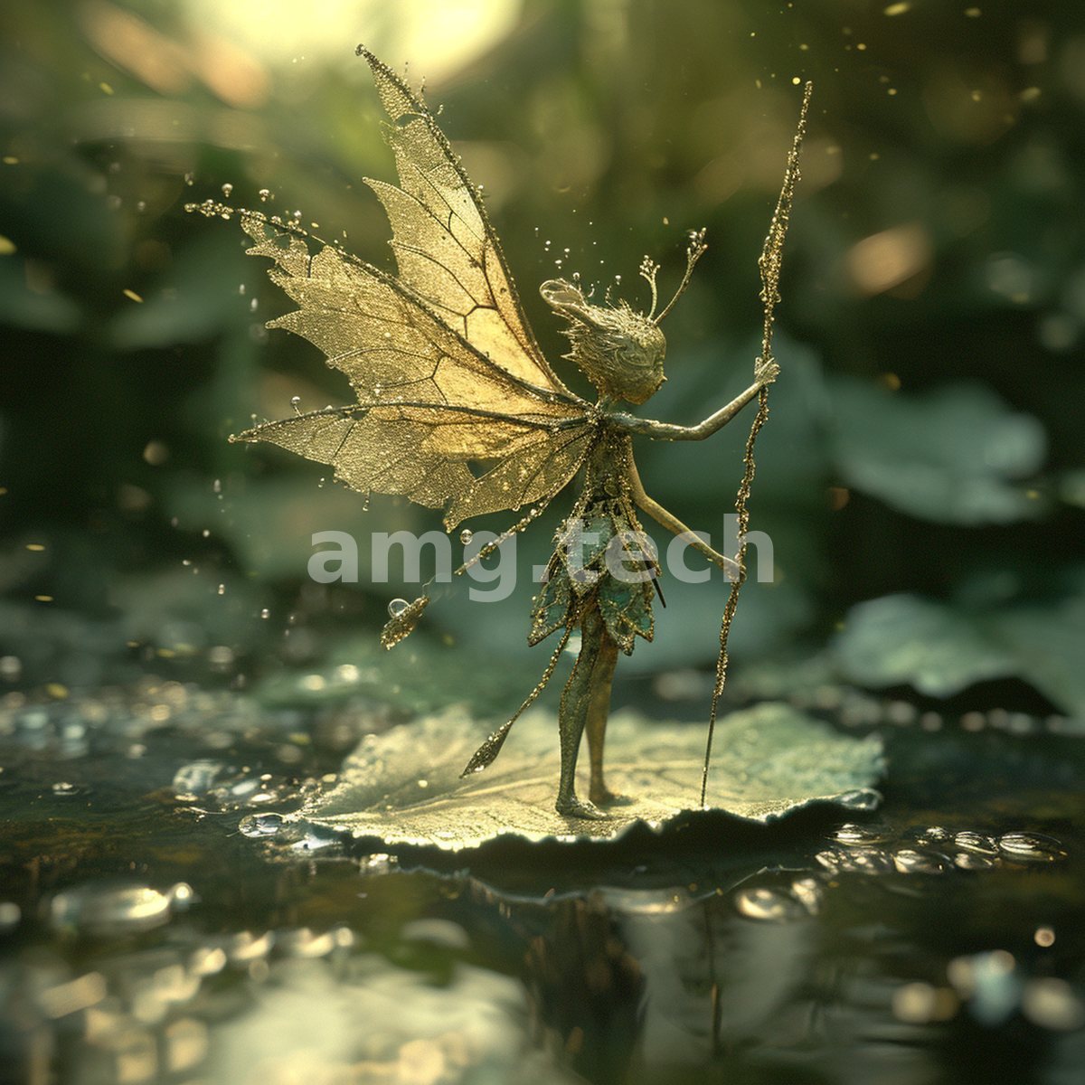 A luminous winged sprite of leaf and gold poises upon a floating pad, scattering droplets across a softly glowing forest pool.