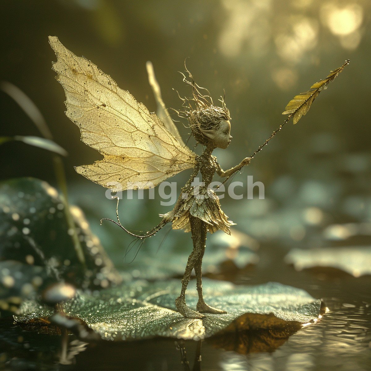 Delicate and gilded, a woodland fairy raises a feather wand upon a lily pad, wings translucent in the warm forest glow.