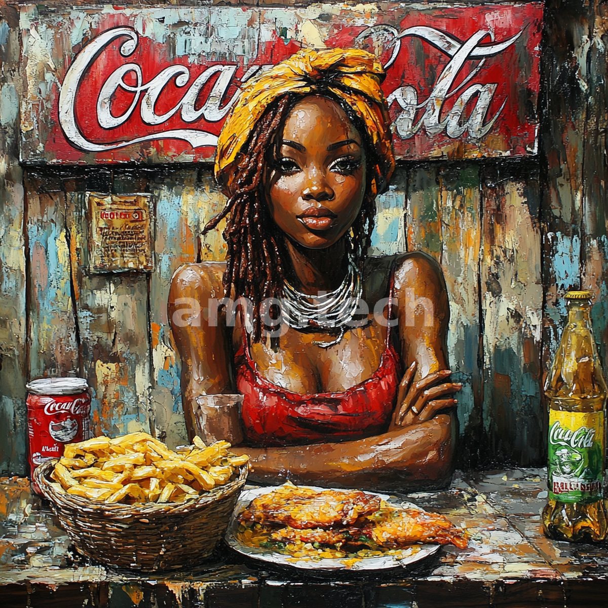 A composed woman in a golden headwrap sits with fries and fare before a weathered painted sign, rendered in rich impasto strokes.