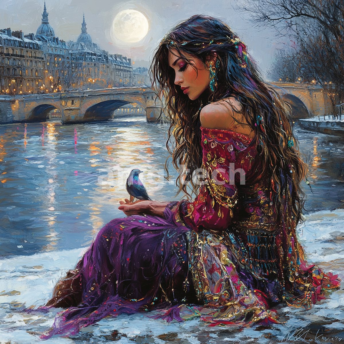 By a moonlit river beneath the Paris skyline, a jewel-clad woman cradles a small iridescent bird in her open palm.