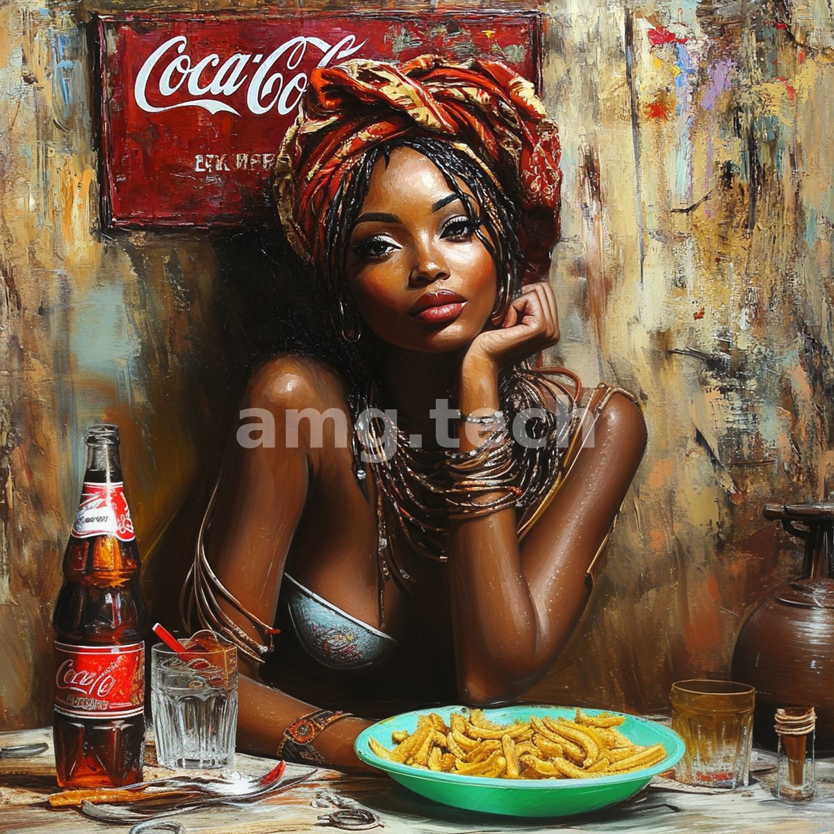 Poised in vivid oils, a striking woman rests her chin in hand before a bottle and dish, framed by a distressed painted wall.