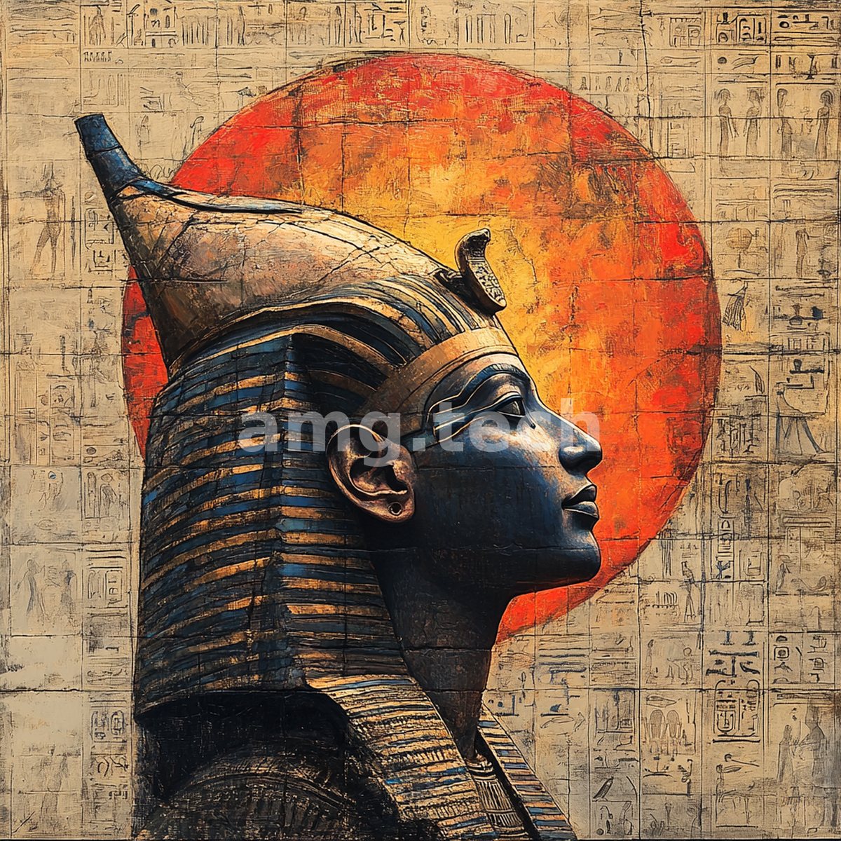 A regal pharaonic profile in weathered gold and lapis rises against a burning solar disc, set amid a wall of hieroglyphs.
