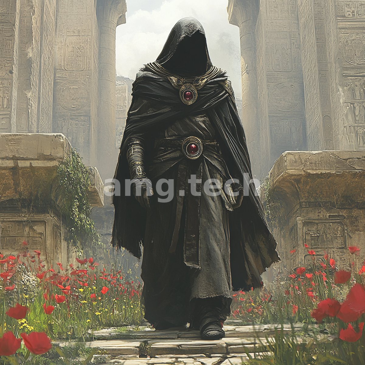 A cloaked figure bearing crimson-gemmed clasps walks a ruined temple avenue, poppies blooming bright between the ancient toppled stones.