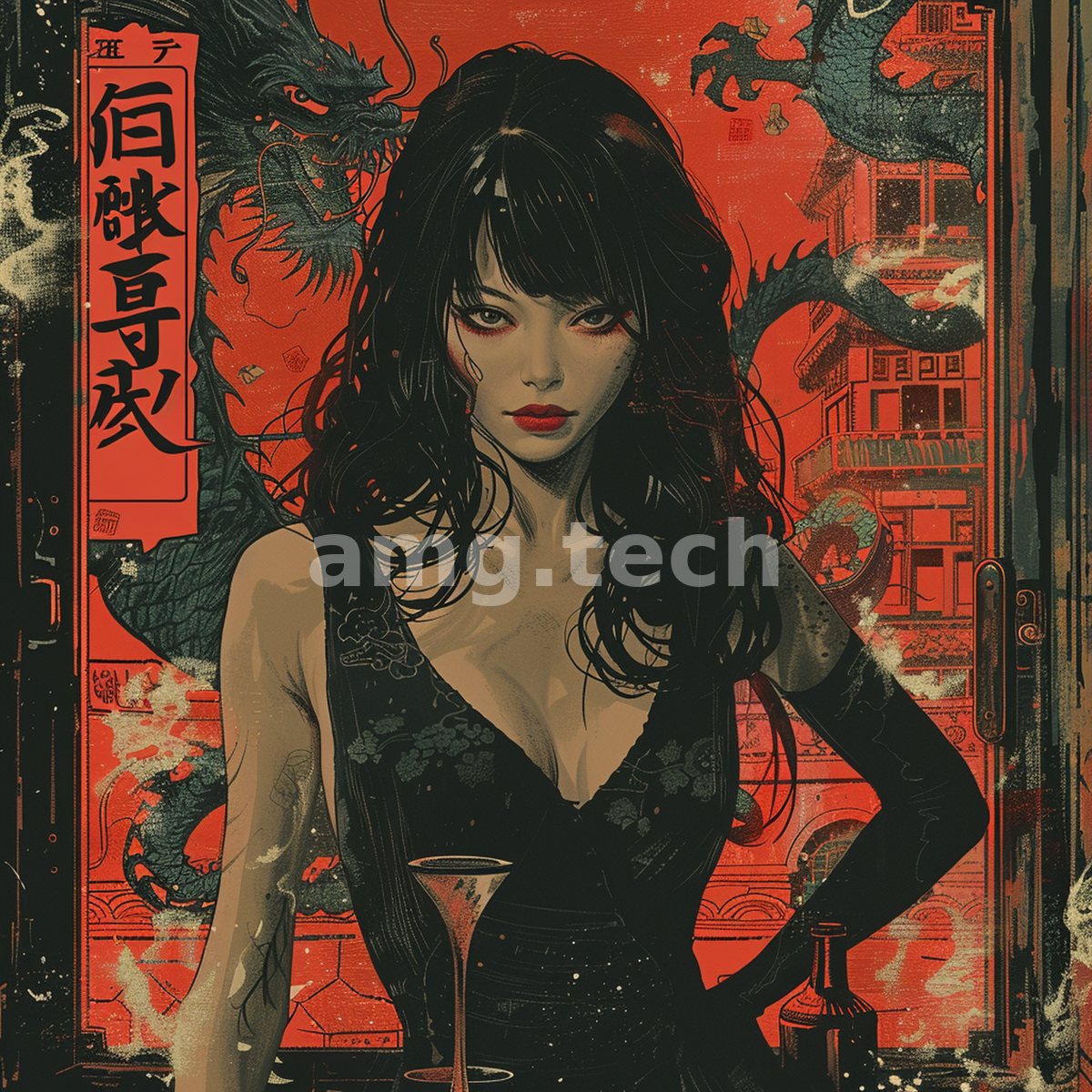 A dark-haired woman commands the foreground of a scarlet woodblock scene, coiling dragons and Kanji framing her behind a cocktail glass.