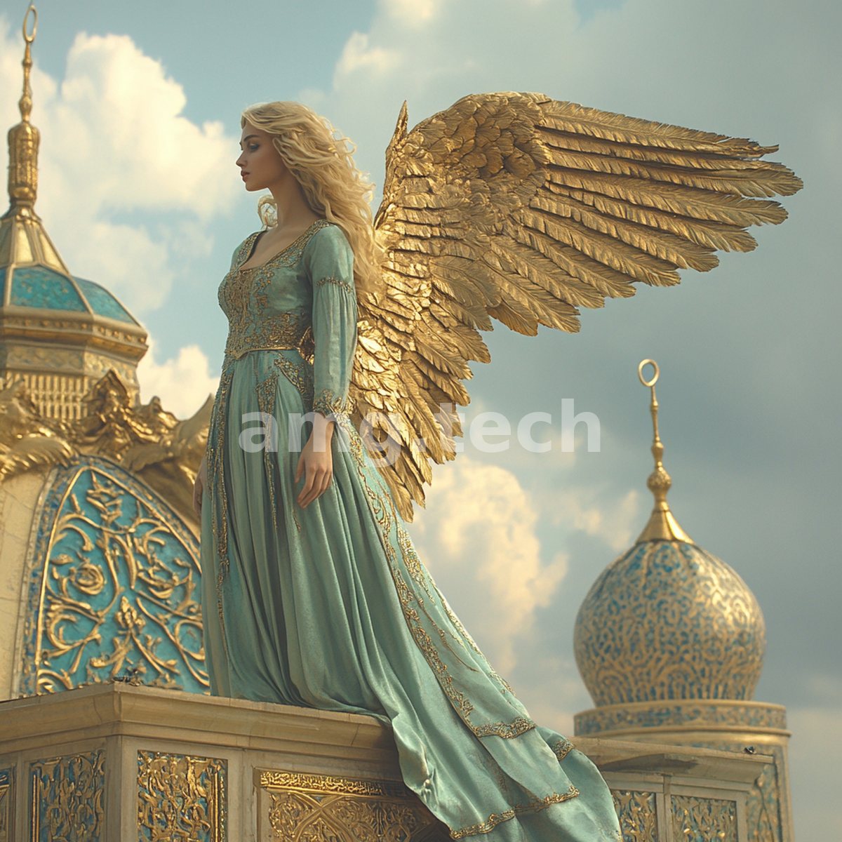 A golden-winged figure in sea-green robes surveys a sun-warmed skyline of turquoise domes and gilded spires from her ornate perch.