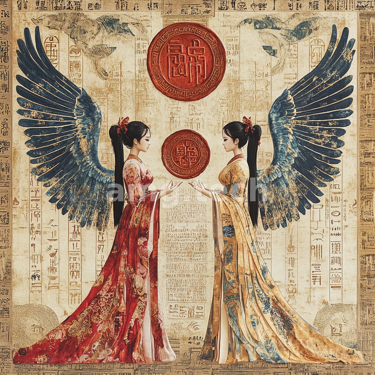 Two winged women in crimson and gold silks meet across an ancient parchment inscribed with vermilion seals and layered scripts.