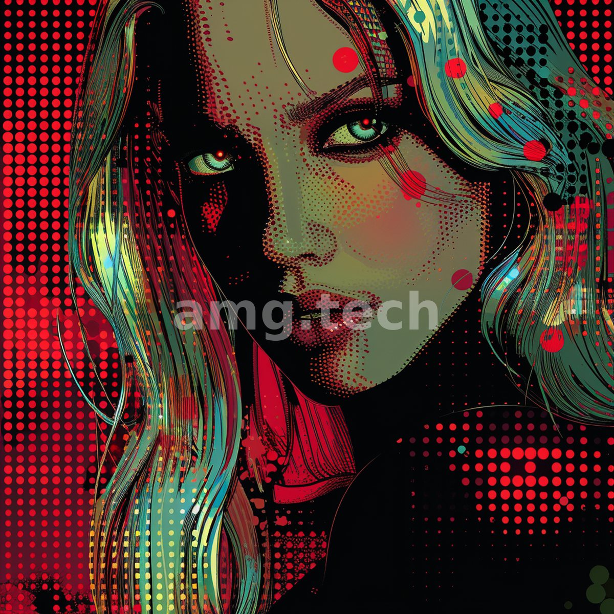 A luminous portrait dissolves into pop-art dots of scarlet and jade, her gaze piercing the electric field that surrounds her.
