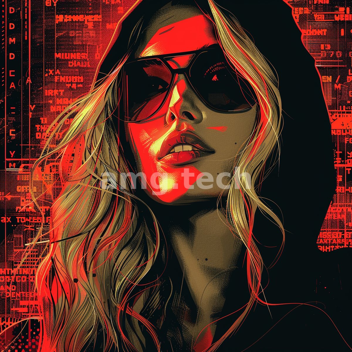 A hooded woman in dark glasses emerges from a wall of glowing red code, poised and enigmatic in the digital gloom.